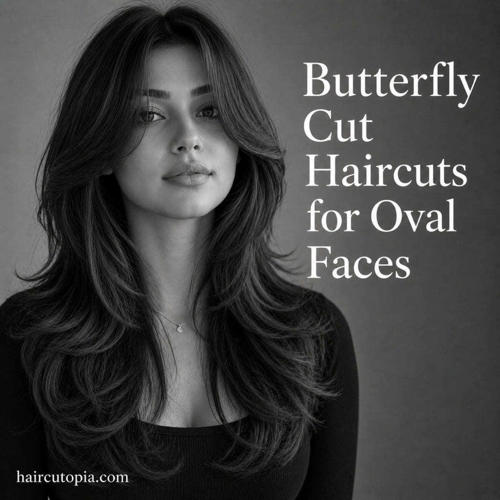Woman with a modern butterfly cut hairstyle for oval faces featuring soft layered hair, face-framing volume, and long feathered layers.