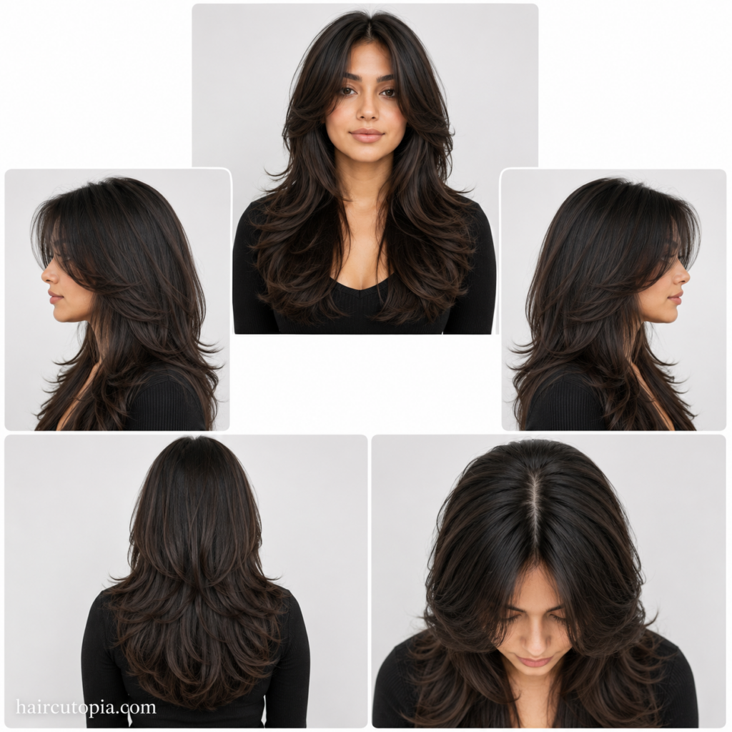 Five-view collage of a butterfly cut haircut for round faces showing front, left side, right side, back, and top views with soft face-framing layers.