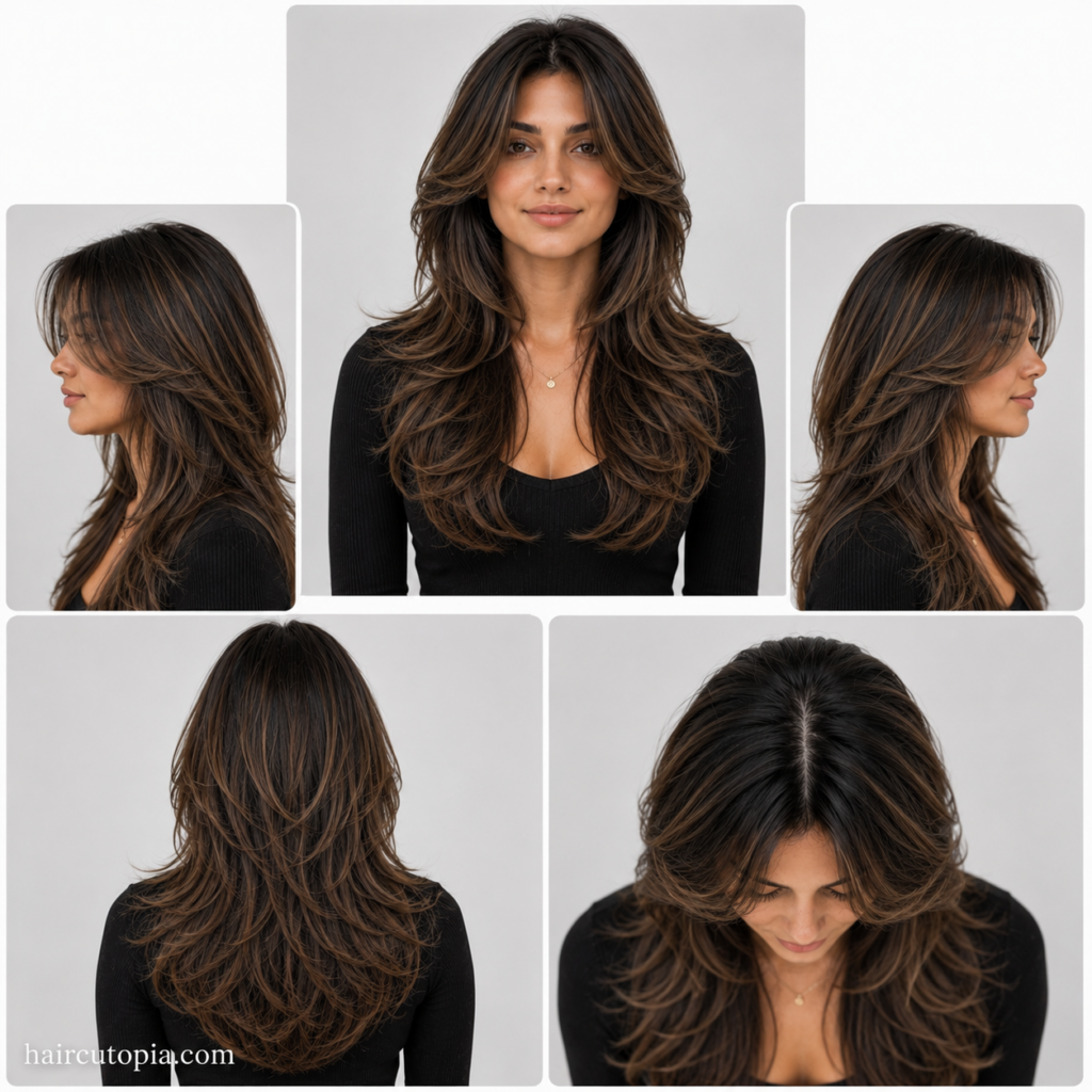Five-view collage of a butterfly cut haircut for square faces showing the front, left side, right side, back, and top views with soft face-framing layers.