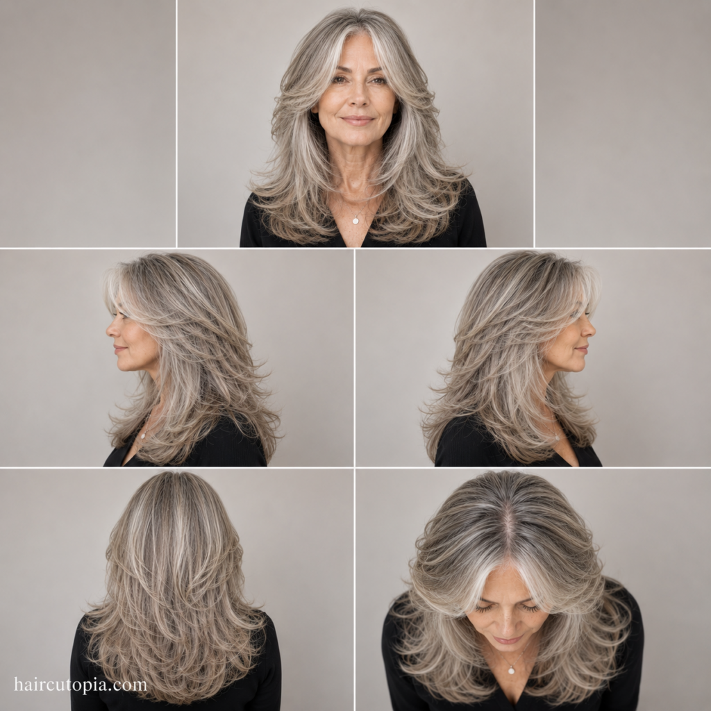Five-view collage of a butterfly haircut for older women showing front, left side, right side, back, and top views.