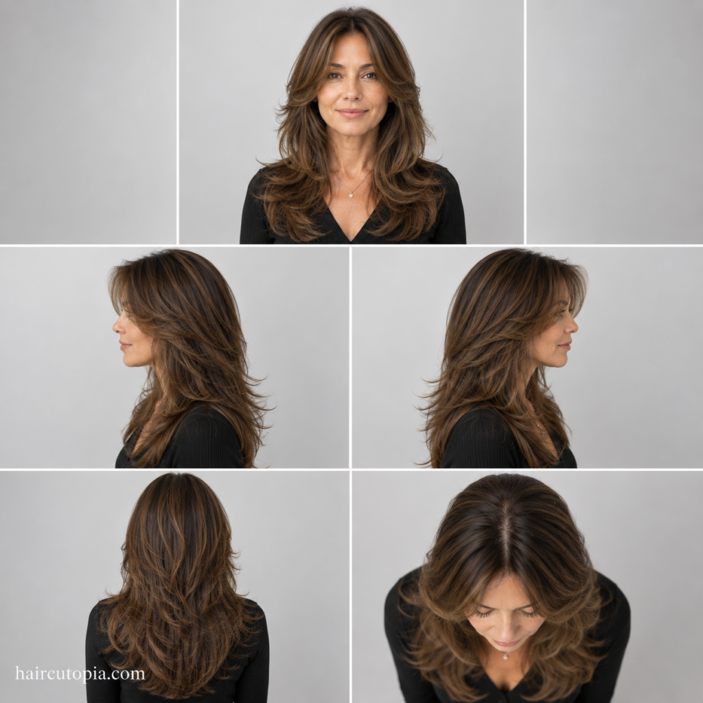 Five-angle collage of a butterfly haircut for women over 40 showing front, left side, right side, back, and top views.