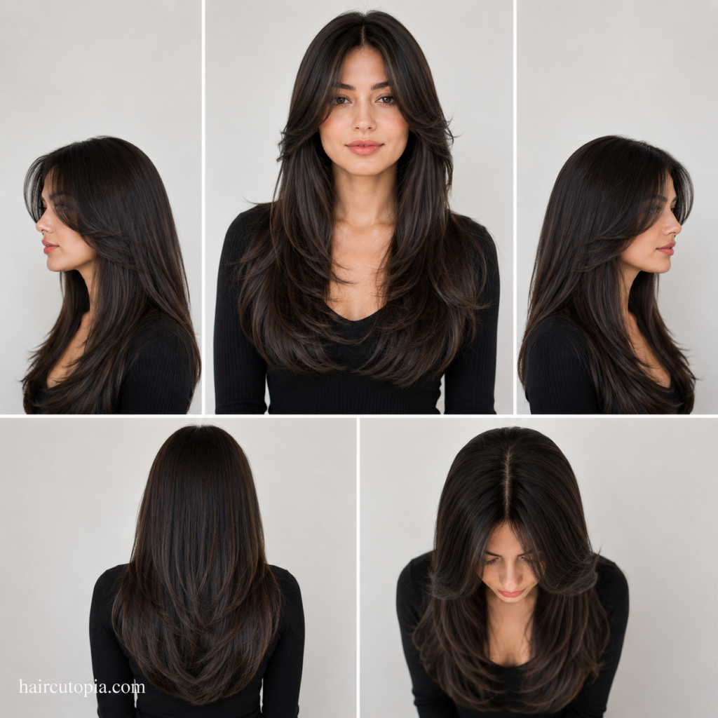 Five-view collage of a butterfly cut for straight hair showing the front, left side, right side, back, and bird's-eye views with sleek layered styling.