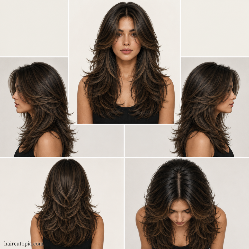 Five-view collage of a butterfly cut for thick hair showing the front, left side, right side, back, and top views.