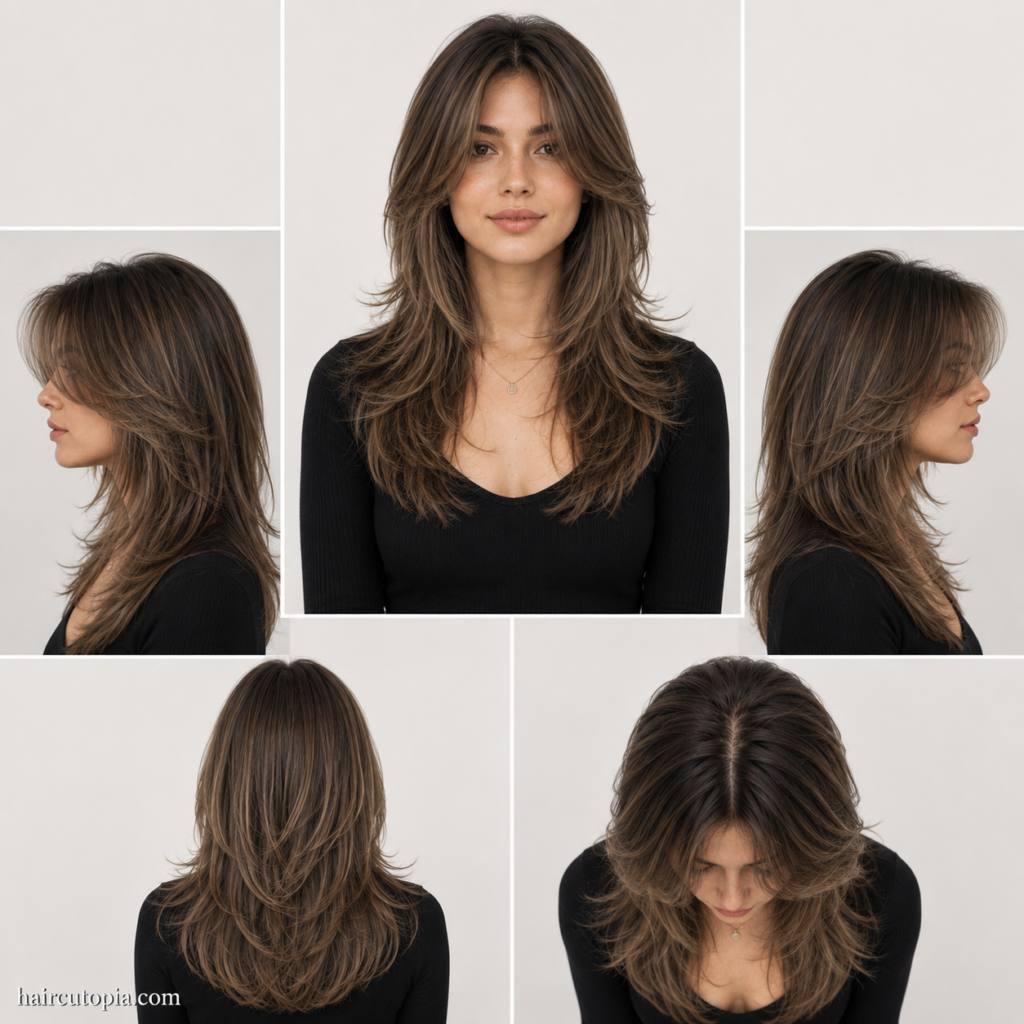 Five-view collage of a butterfly cut for thin hair showing the front, left side, right side, back, and bird's-eye views with soft layered volume.