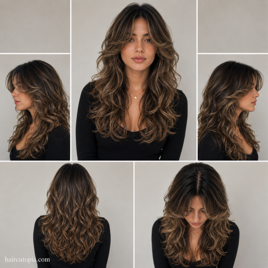 Five-view collage of a butterfly cut for wavy hair showing the front, left side, right side, back, and bird's-eye views with layered waves and natural volume.