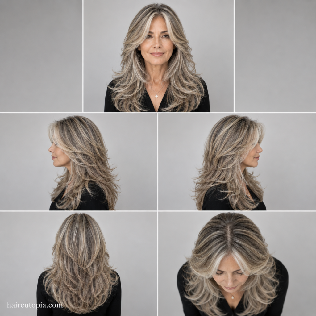 Five-view collage of a butterfly haircut for women over 50 showing the front, side, back, and top angles.