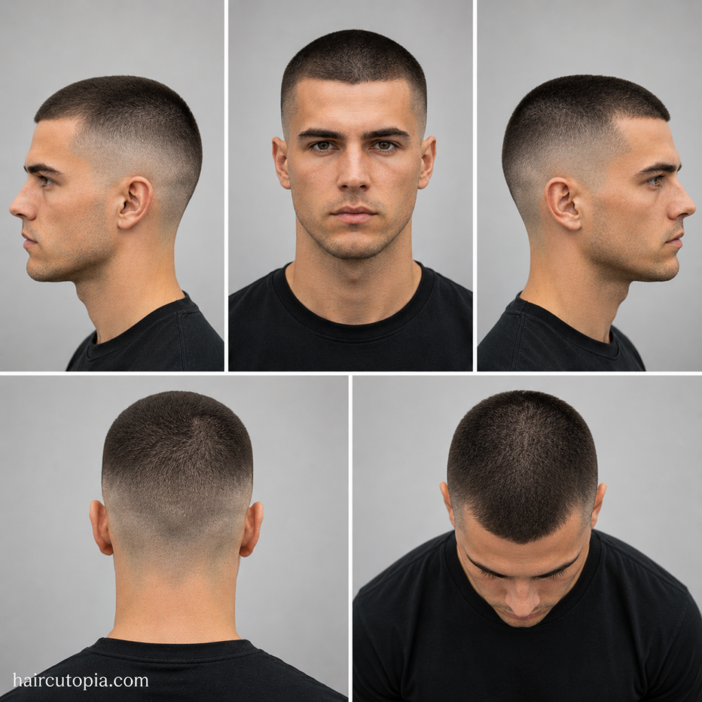 Five-view collage of a modern buzz cut haircut showing the front, left side, right side, back, and top views with a clean fade and uniform clipper length.