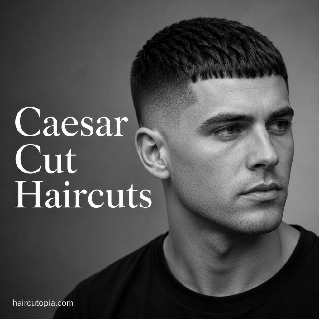 Modern Caesar cut haircut with a textured fringe and clean faded sides in a black and white editorial portrait.