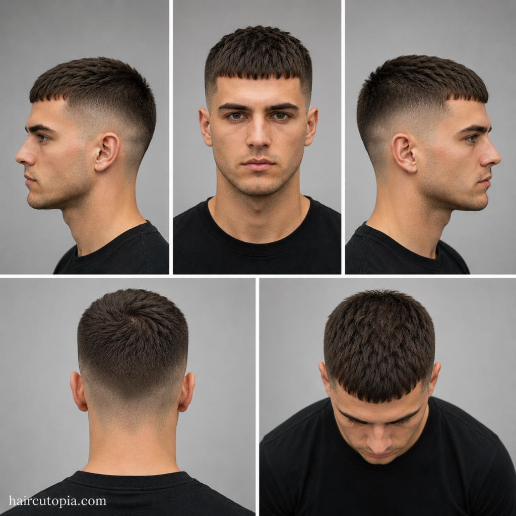 Five-view collage of a modern Caesar cut haircut showing the front, left side, right side, back, and top views with a textured fringe and clean faded sides.