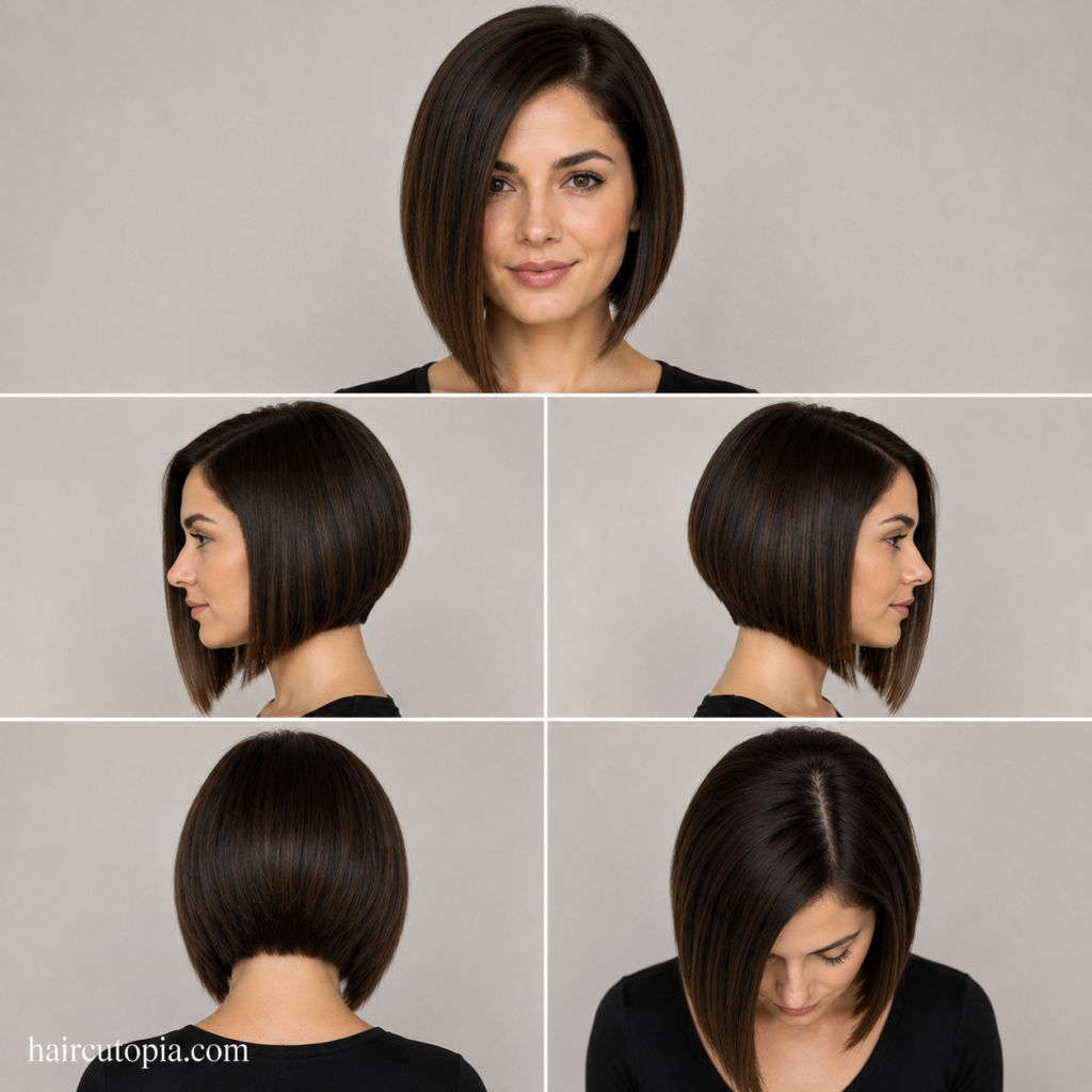 Five-view collage of a classic A-line bob haircut showing the front, left side, right side, back, and top view of the timeless angled hairstyle.