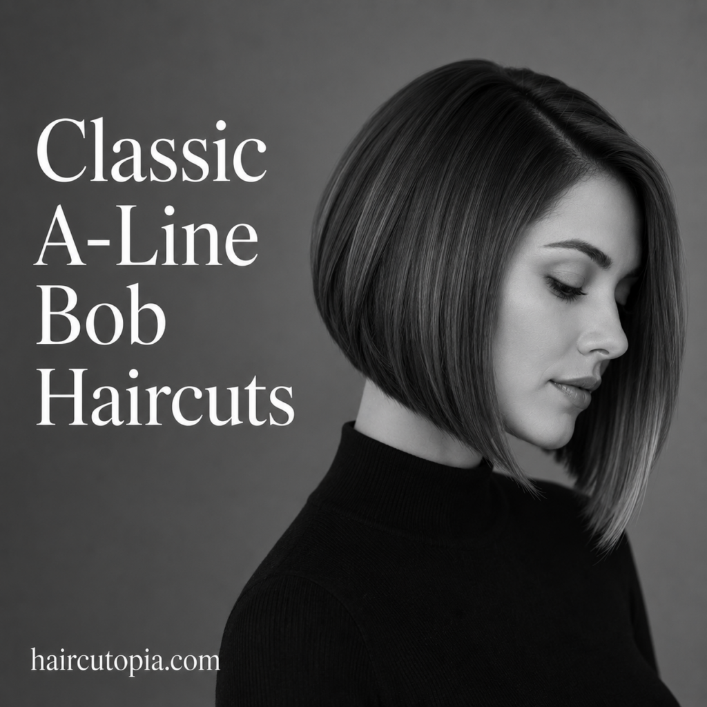 Classic A-line bob haircut with sleek angled lines in a black-and-white editorial portrait