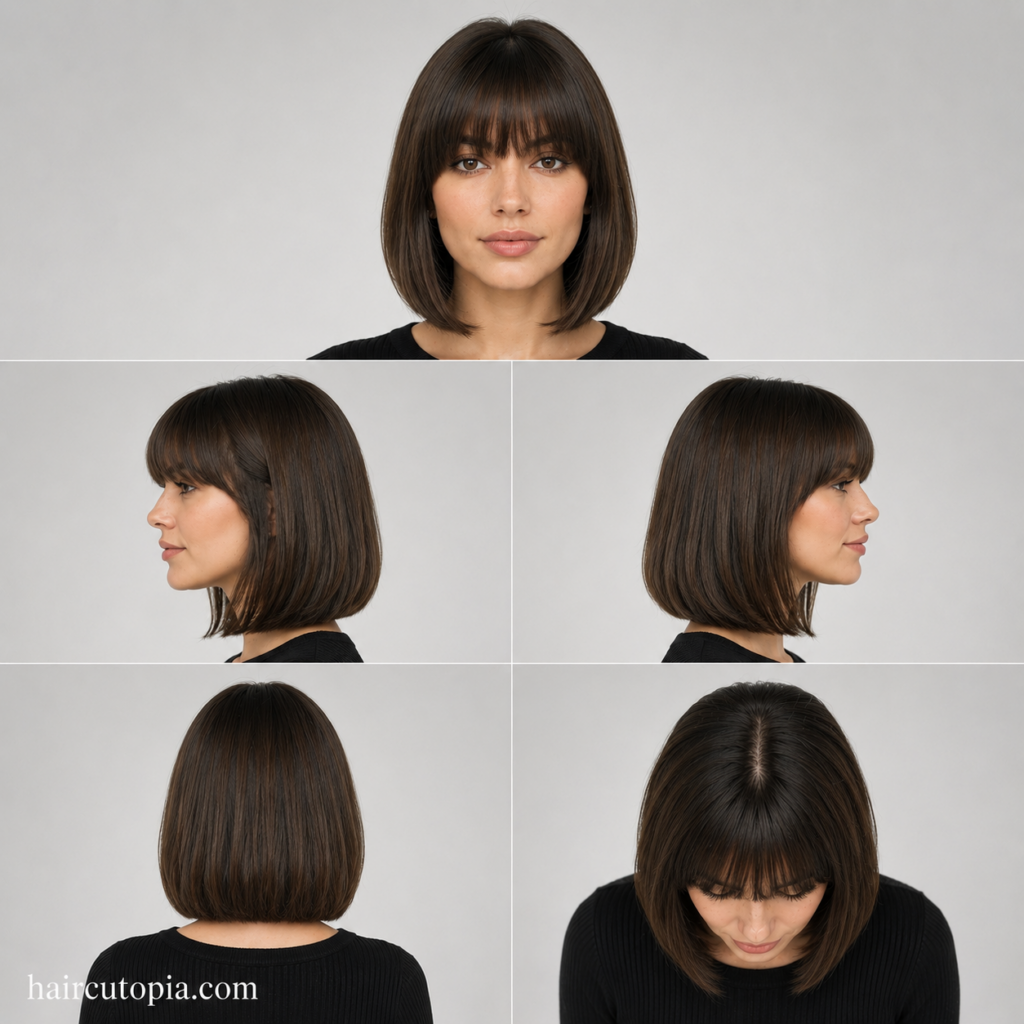 Five-view collage of a woman with a classic bob haircut and timeless blunt bangs shown from the front, left side, right side, back, and bird's-eye views.