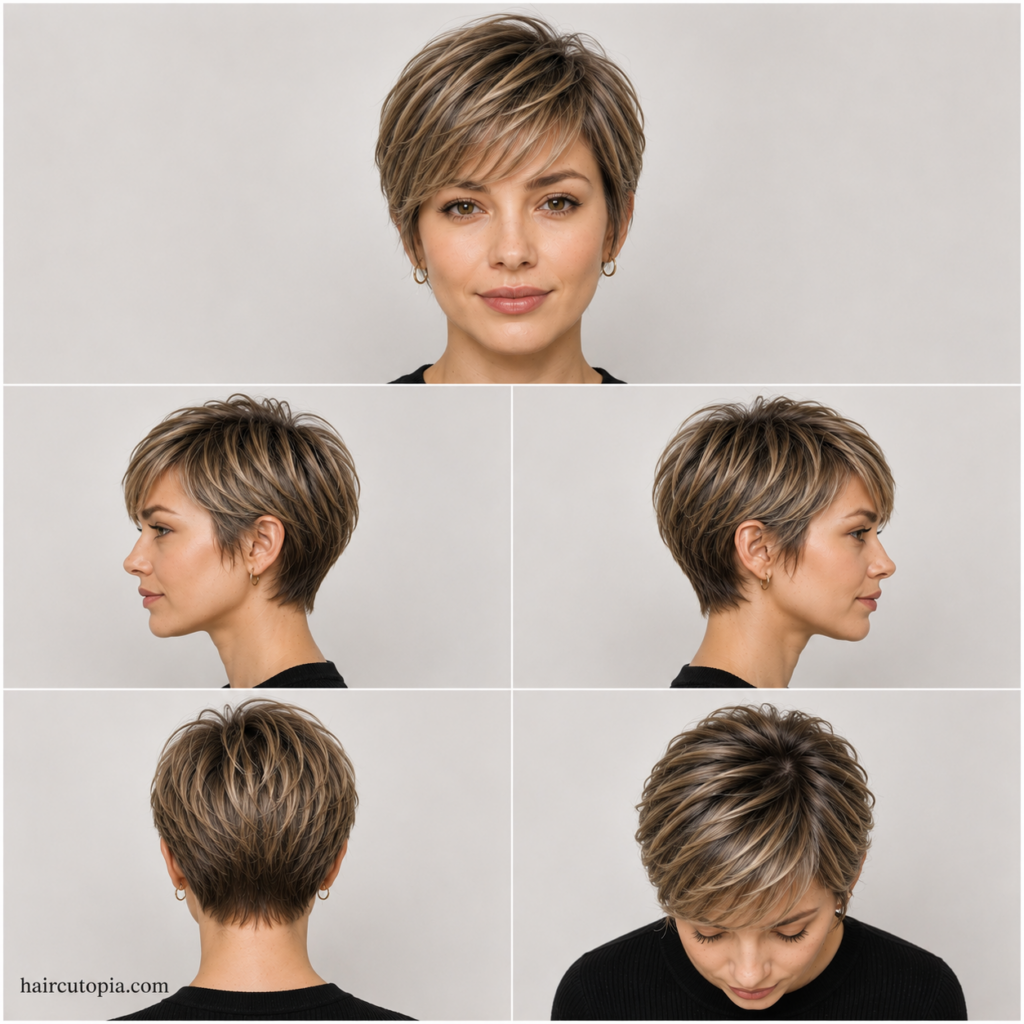 Classic bixie haircut shown from the front, left side, right side, back, and top with soft layers, natural volume, and a balanced pixie-bob shape.