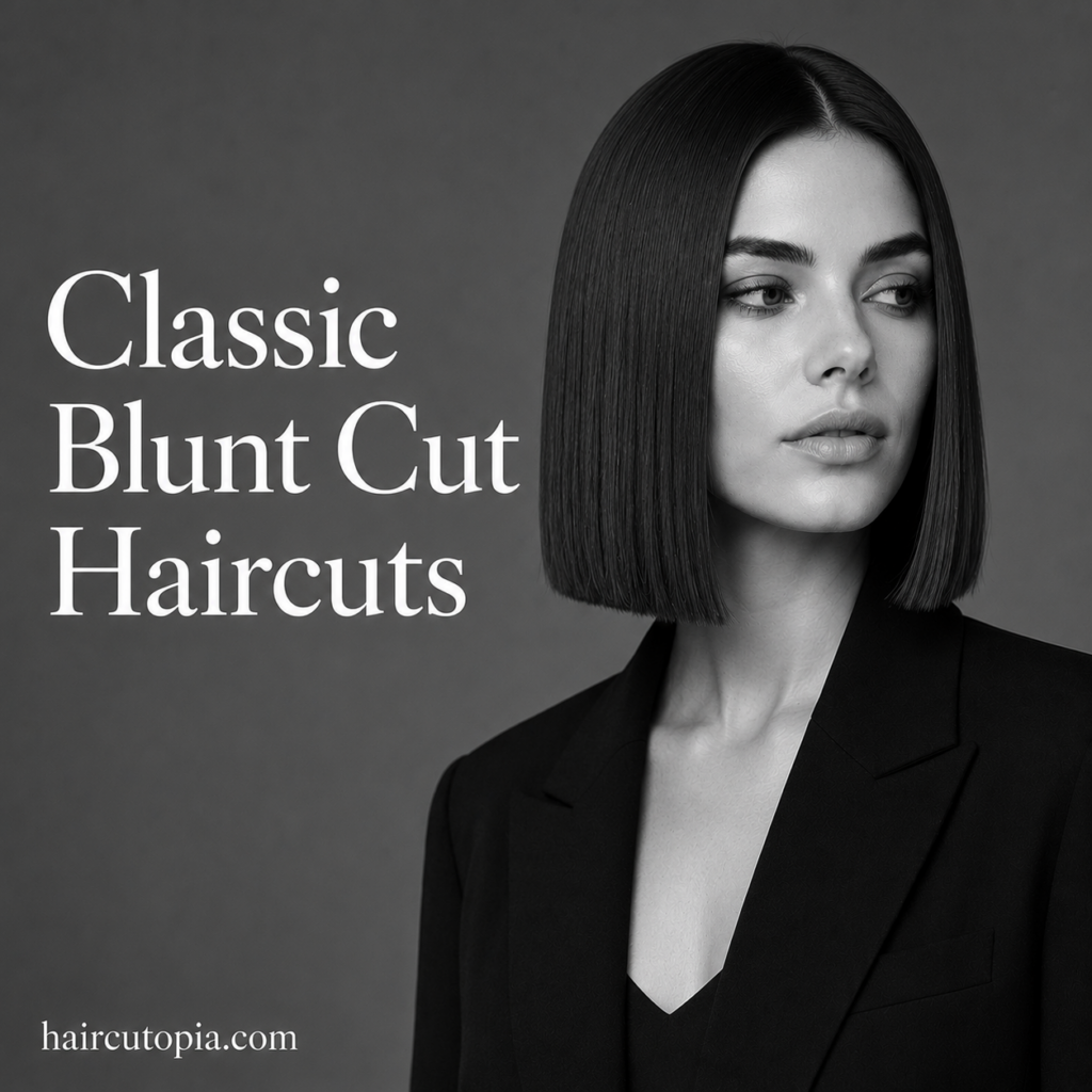 Woman with a classic blunt bob haircut in a black-and-white editorial portrait.