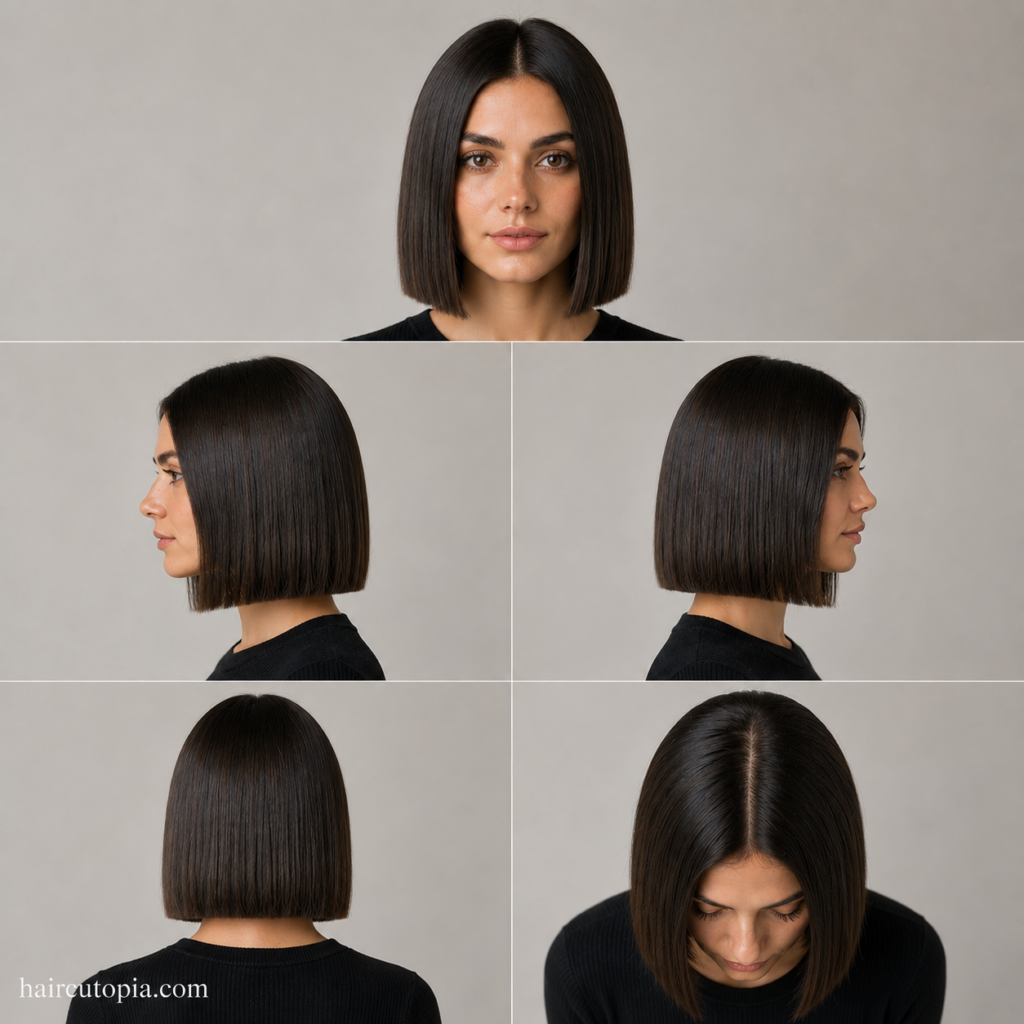 Five-panel collage showing a classic blunt cut haircut from the front, left side, right side, back, and top views.