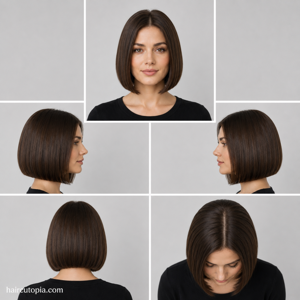 Five-view collage of a classic bob haircut showing the front, left side, right side, back, and top views of a sleek chin-length precision-cut bob hairstyle.