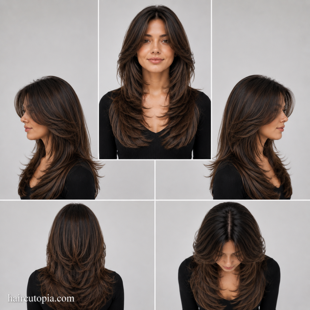 Five-view collage of a classic butterfly cut haircut showing the front, left side, right side, back, and top views with soft feathered layers and timeless volume.