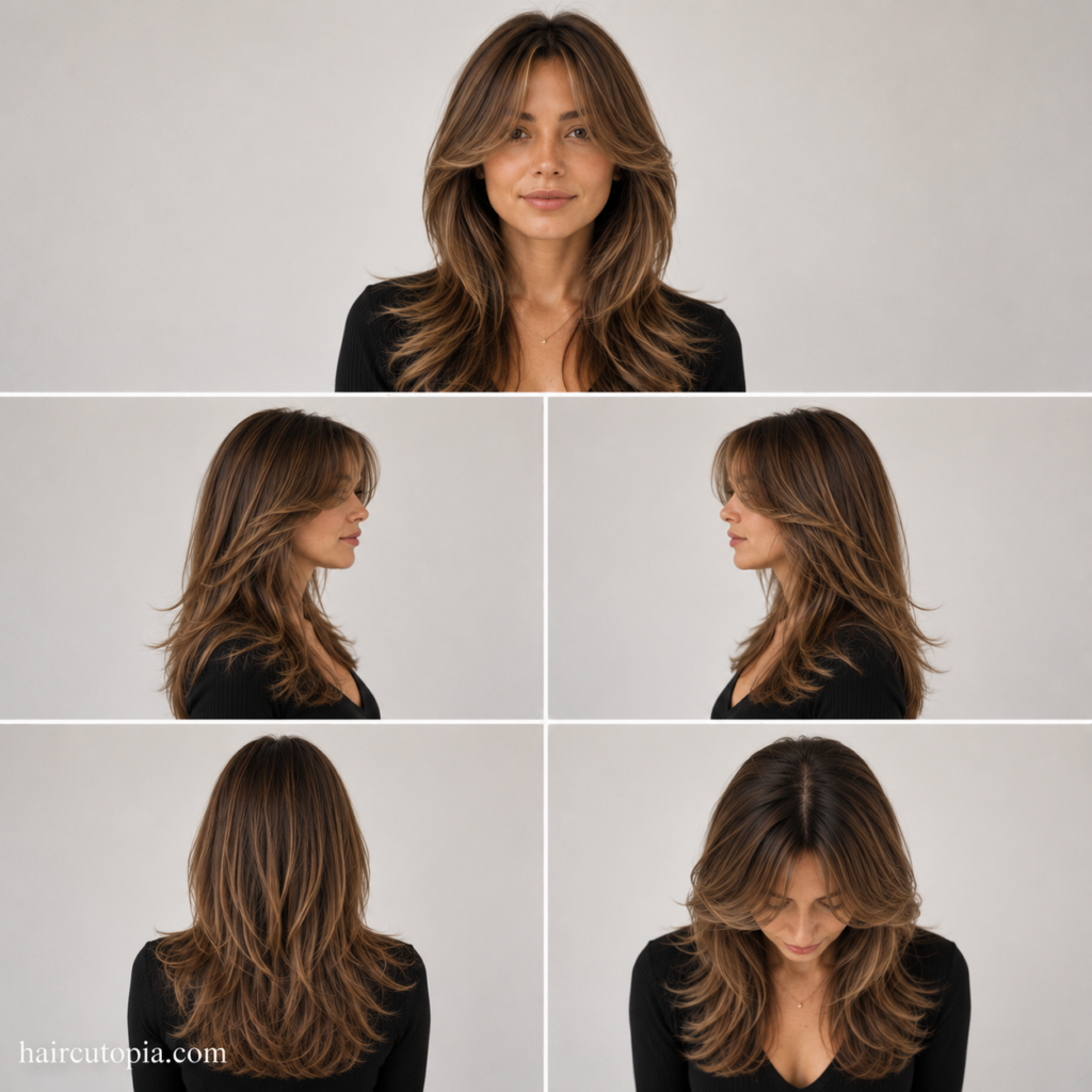 Five-view collage of a classic curtain bangs haircut showing the front, left side, right side, back, and top views of a timeless layered hairstyle.