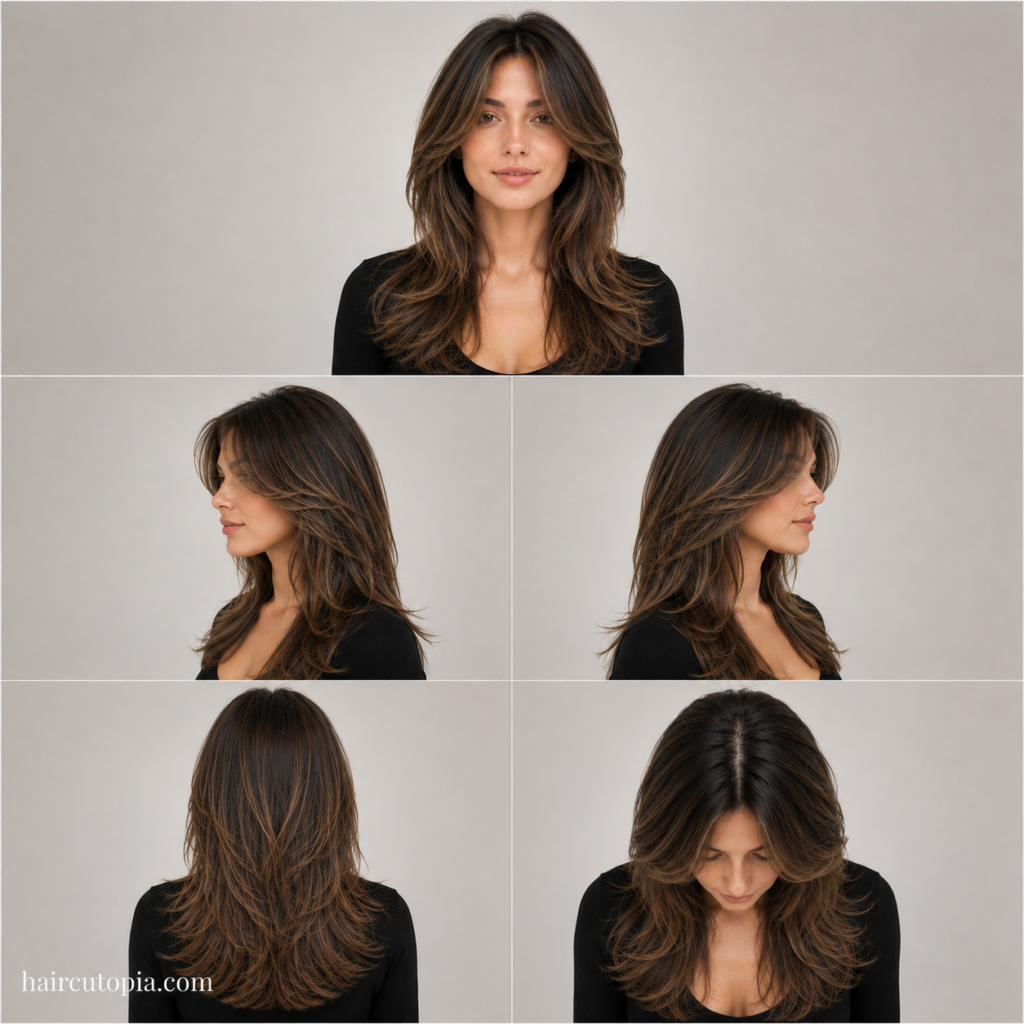 Five-view collage of a classic face-framing layered haircut showing the front, left side, right side, back, and bird's-eye views.
