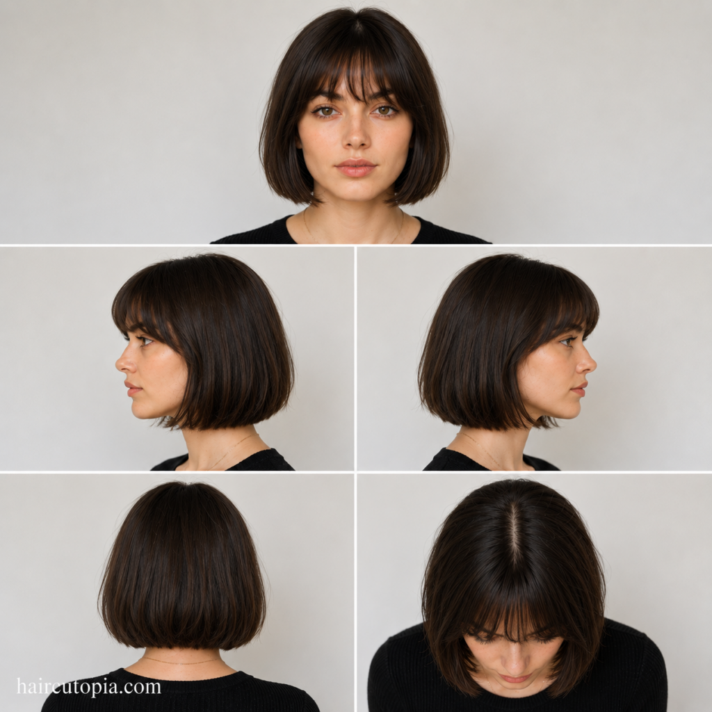 Classic French bob haircut shown from the front, side, back, and top views