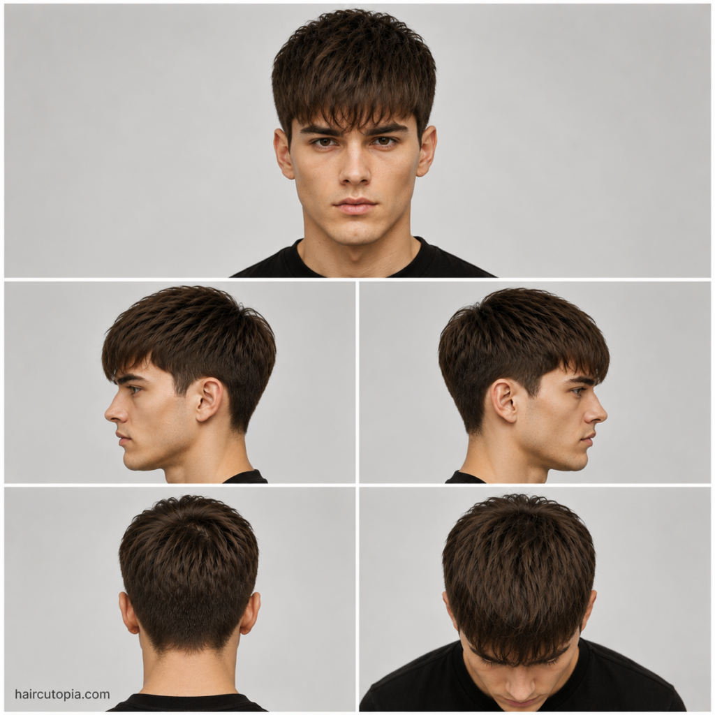Five-view collage of a men's classic fringe haircut showing the front, left side, right side, back, and top views with a neatly layered top and clean tapered sides.