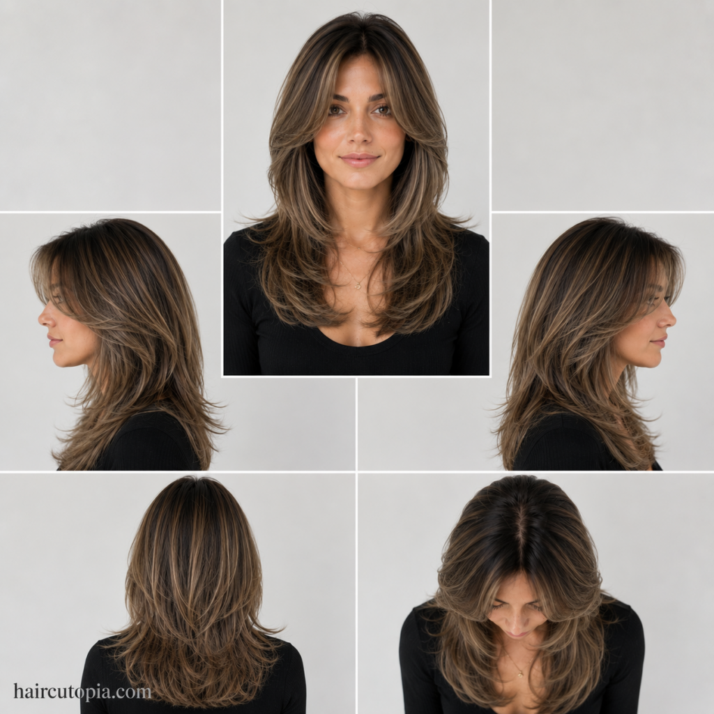 Five-panel collage showing a classic layered haircut from the front, left side, right side, back, and top views.