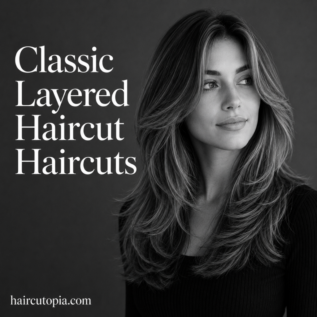 Woman with a classic layered haircut in a black-and-white editorial portrait featuring soft blended layers and timeless styling.