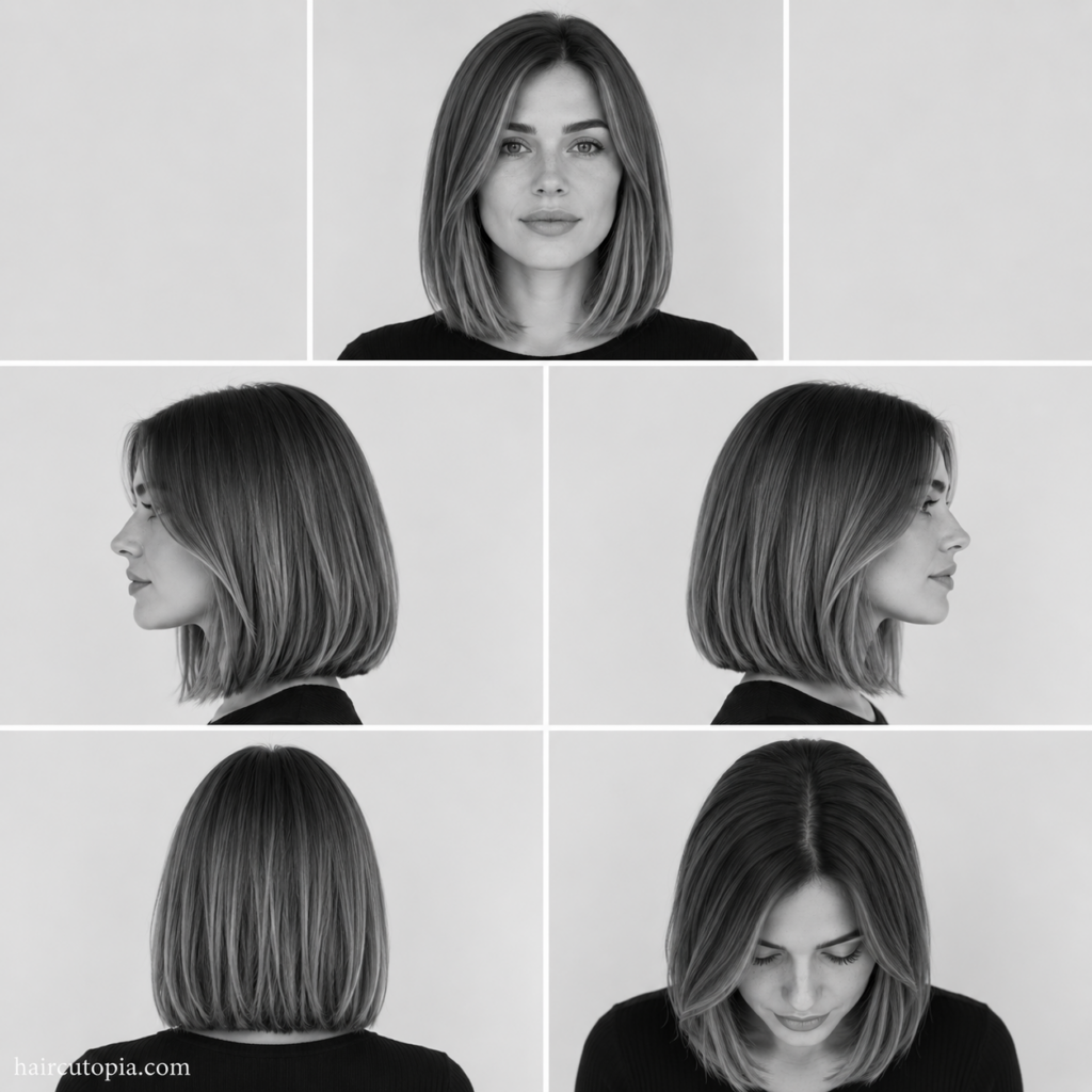 Five-panel collage of a classic lob haircut showing the front, left side, right side, back, and top views of a timeless shoulder-length long bob.