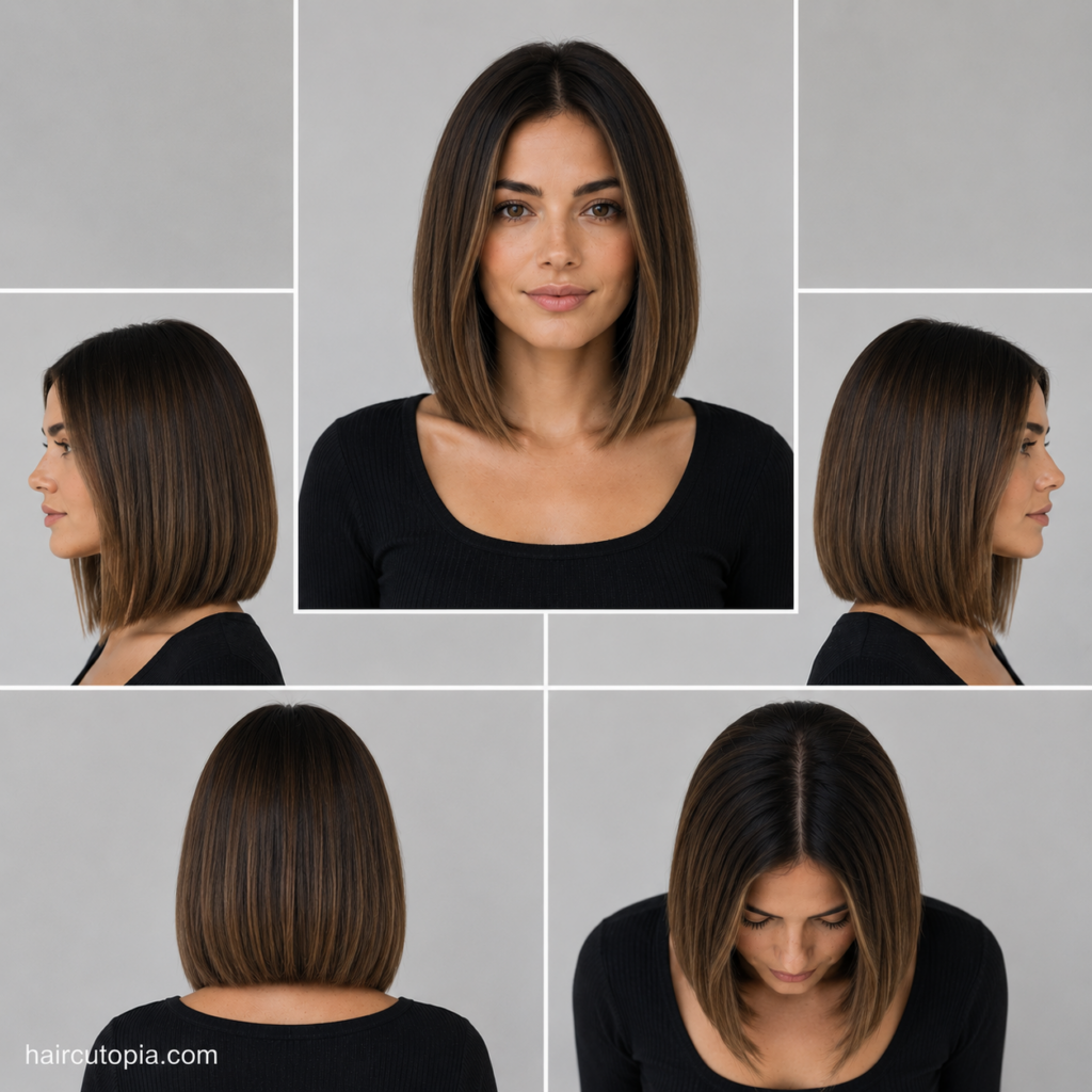Five-view collage of a classic long bob haircut showing the front, left side, right side, back, and bird's-eye views.