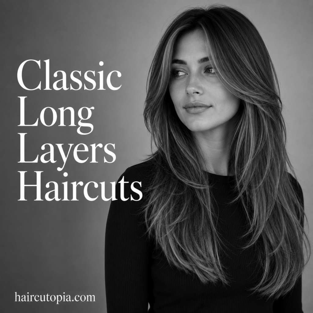 Woman with a classic long layers haircut featuring soft face-framing layers, healthy shine, and timeless elegance.