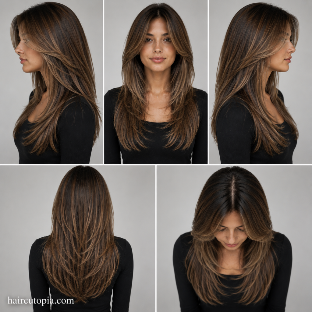 Five-panel collage showing a classic long layers haircut from the front, left side, right side, back, and bird's-eye views.