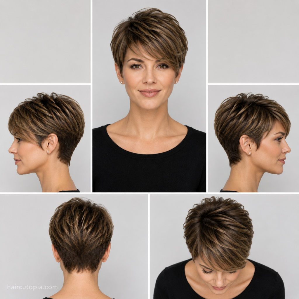 Five-panel collage showing a classic long pixie haircut from the front, left side, right side, back, and top views, highlighting soft blended layers, gentle crown volume, and a timeless side-swept fringe.
