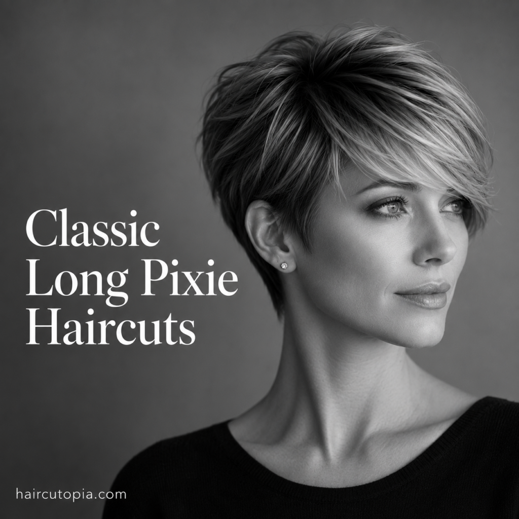 Woman with a classic long pixie haircut featuring soft feathered layers, gentle crown volume, and a traditional side-swept fringe in a black-and-white editorial portrait.