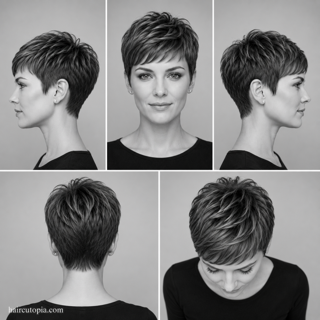 Classic pixie haircut shown from the front, left side, right side, back, and top views