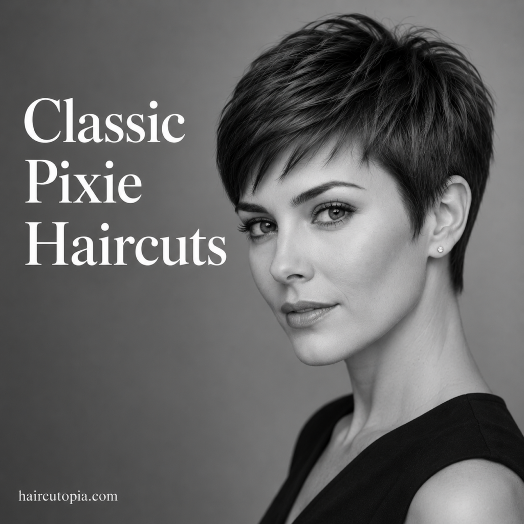 Woman with a classic pixie haircut featuring softly blended layers, side-swept fringe, and a timeless short shape