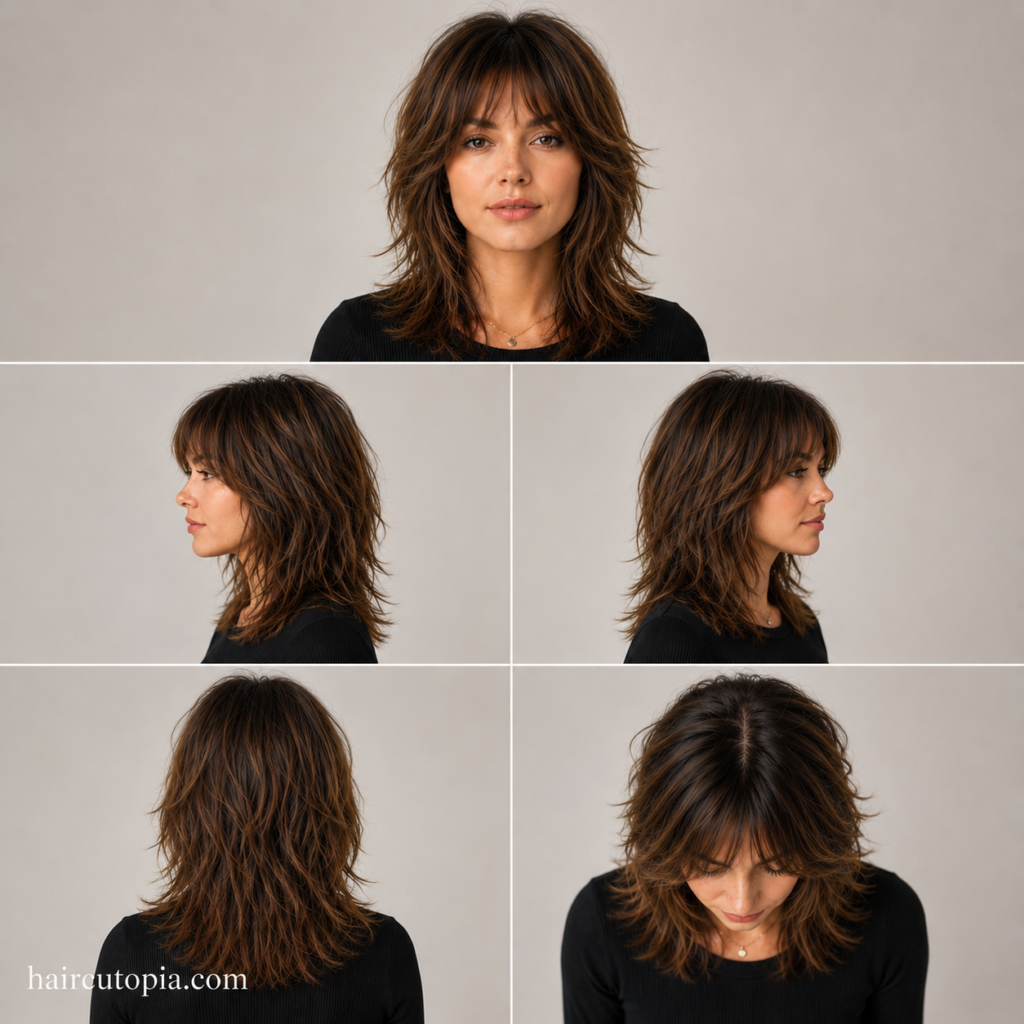 Five-view collage of a classic shag haircut showing the front, left side, right side, back, and top views with feathered layered styling.
