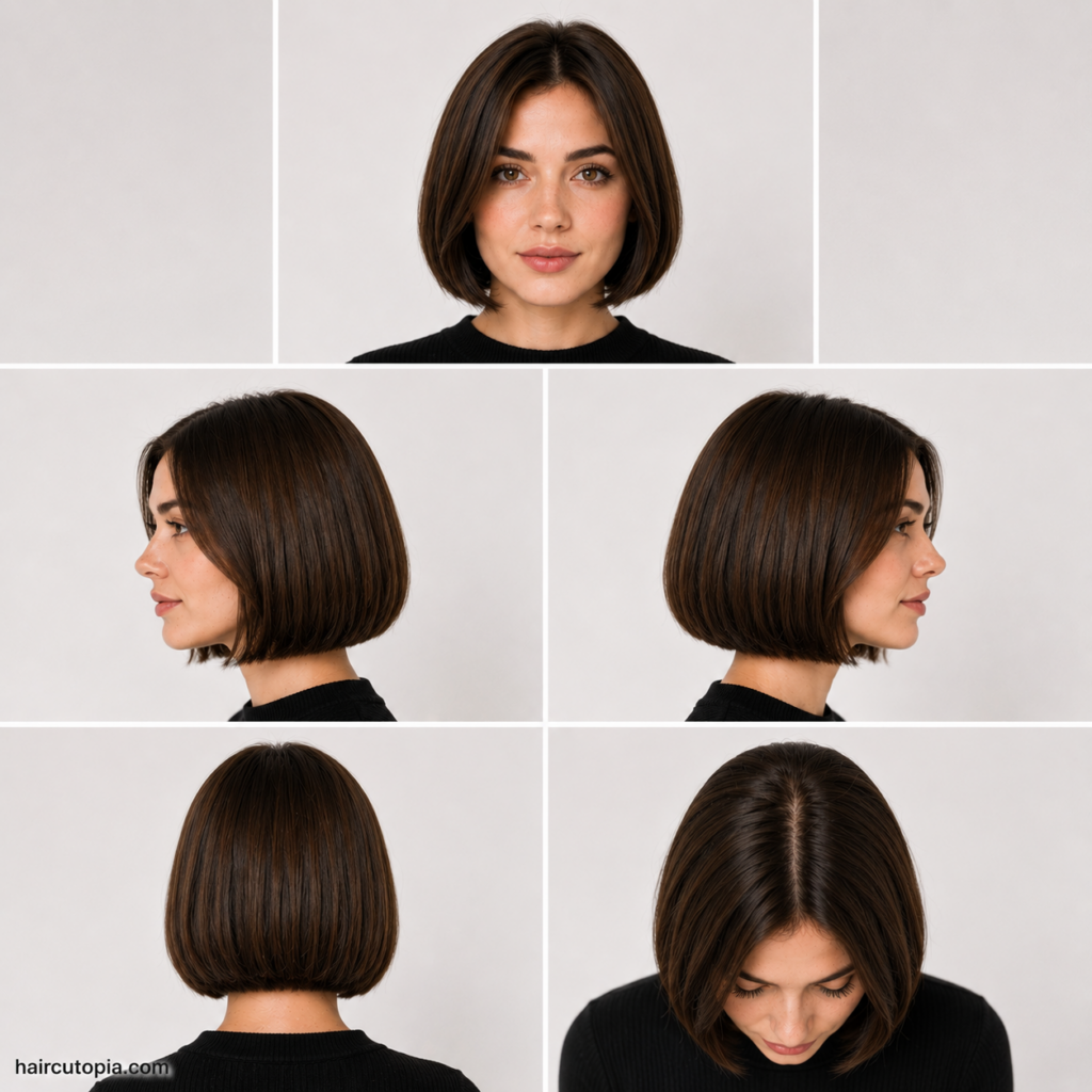 Five-view collage of a classic short bob haircut showing the front, left side, right side, back, and top views.