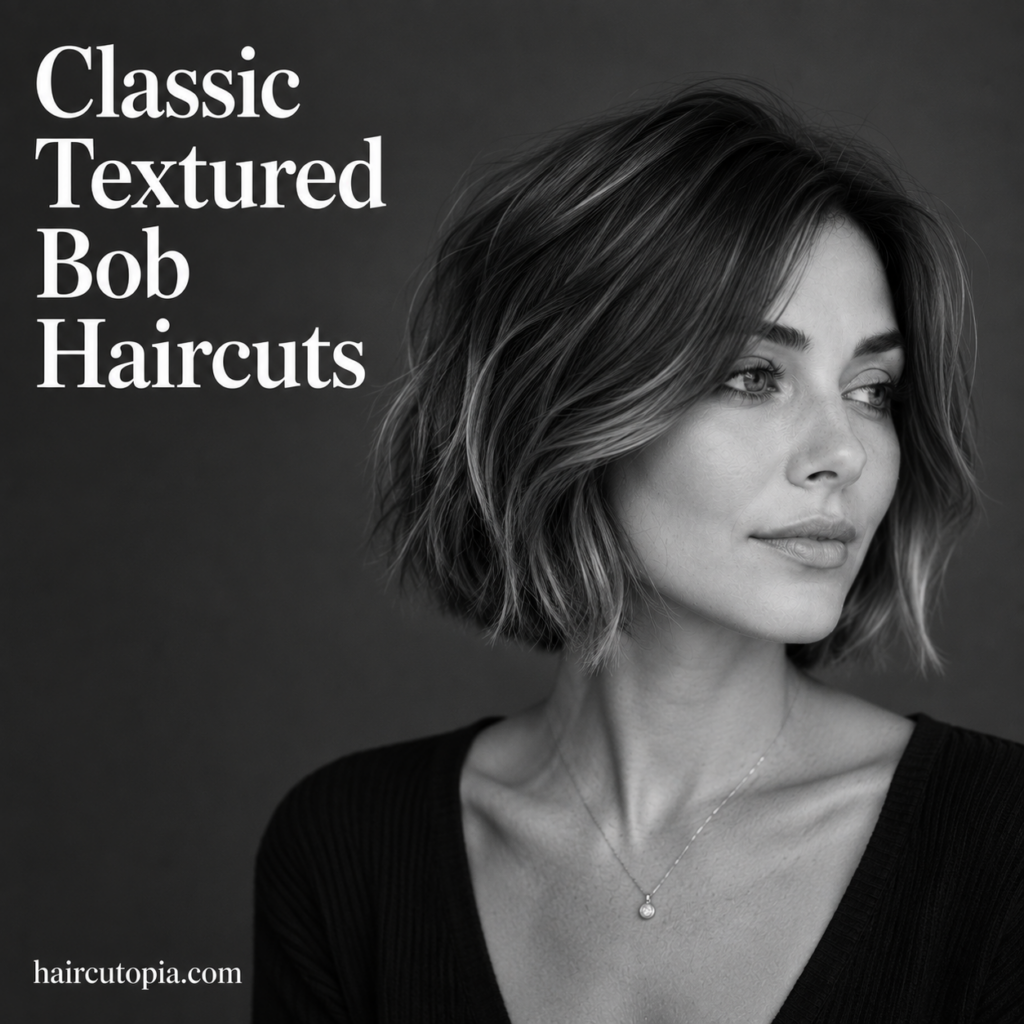 Woman with a classic textured bob haircut featuring soft layers in a black-and-white editorial portrait.