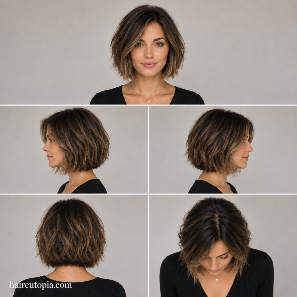 Five-view collage of a classic textured bob haircut showing the front, left side, right side, back, and top views.