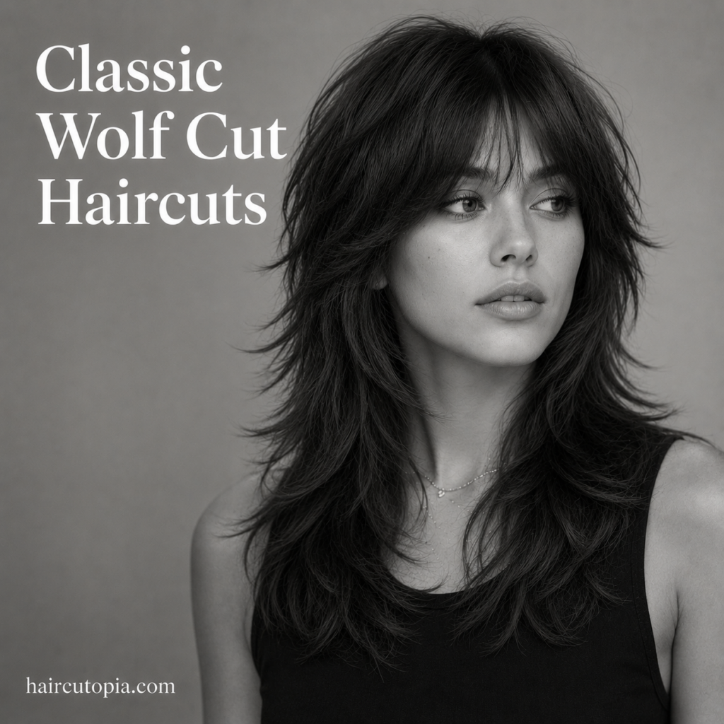 Woman with a classic wolf cut haircut featuring soft layered hair, feathered ends, and curtain bangs.