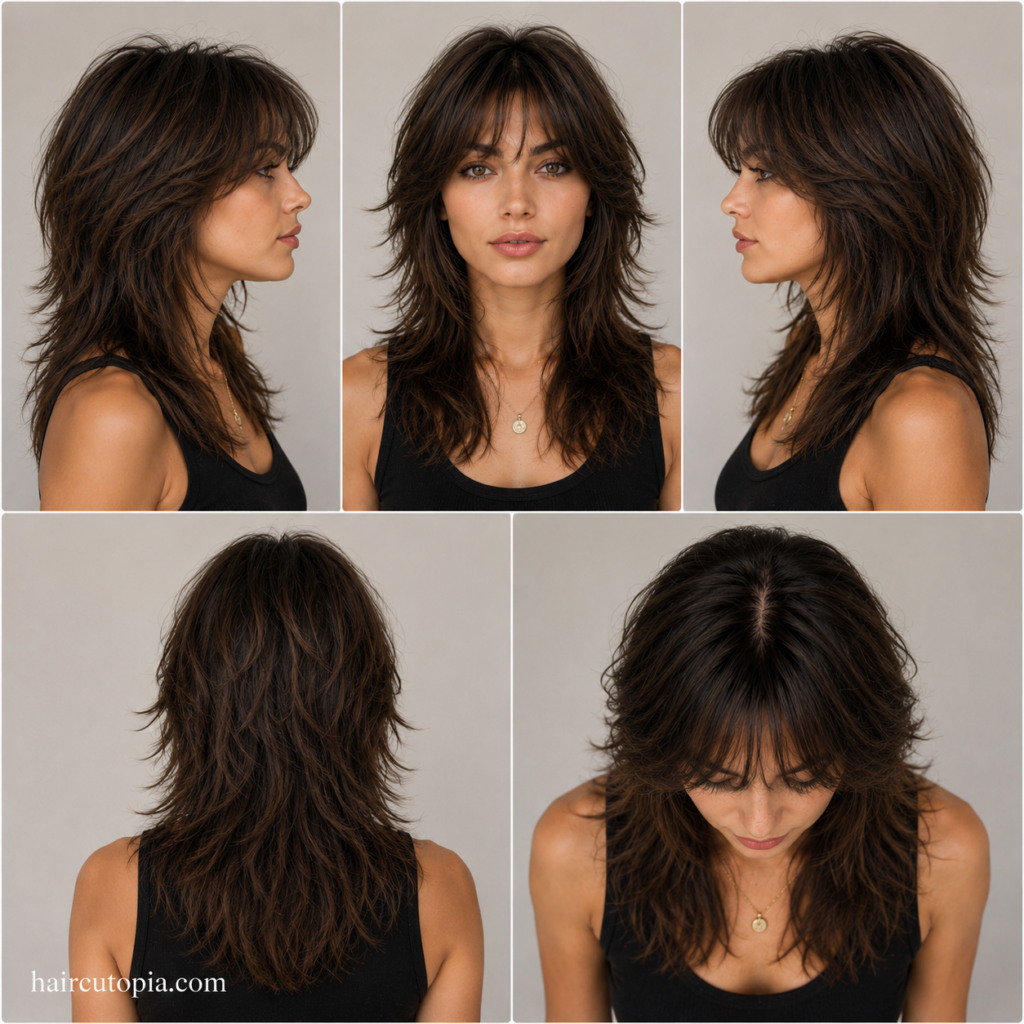 Five-view collage of a woman's classic wolf cut haircut showing the front, left side, right side, back, and bird's-eye views with balanced layered styling.