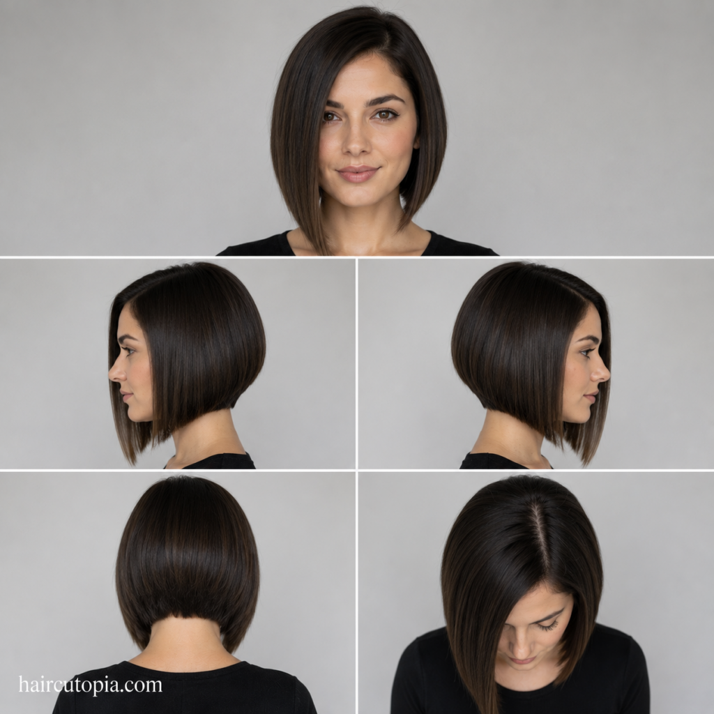Five-view collage of a clean A-line bob haircut showing the front, left side, right side, back, and top view of the sleek precision-cut hairstyle.