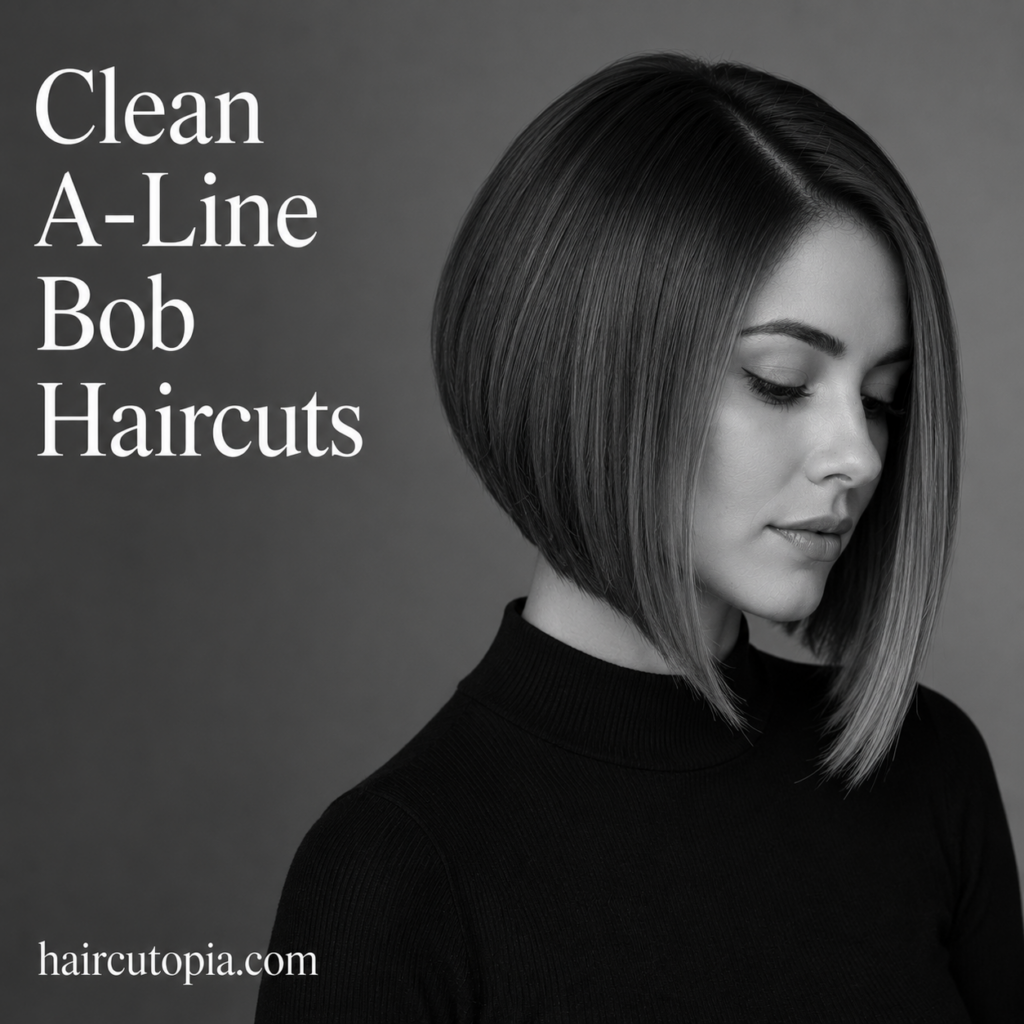 Clean A-line bob haircut with sleek precision-cut angled layers in a black-and-white editorial portrait