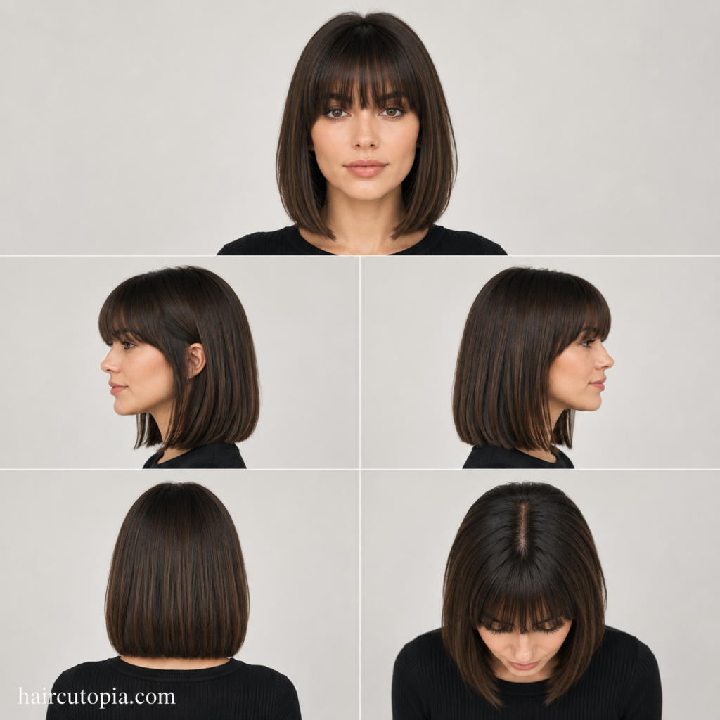 Five-view collage of a woman with a sleek bob and clean blunt bangs shown from the front, left side, right side, back, and bird's-eye views.