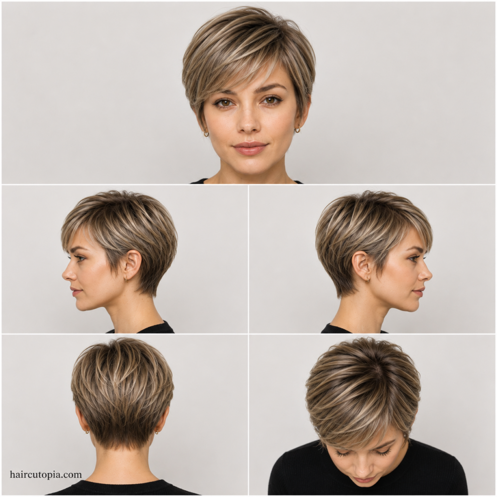 Clean bixie haircut shown from the front, left side, right side, back, and top with smooth layers, a neat neckline, and a polished shape.