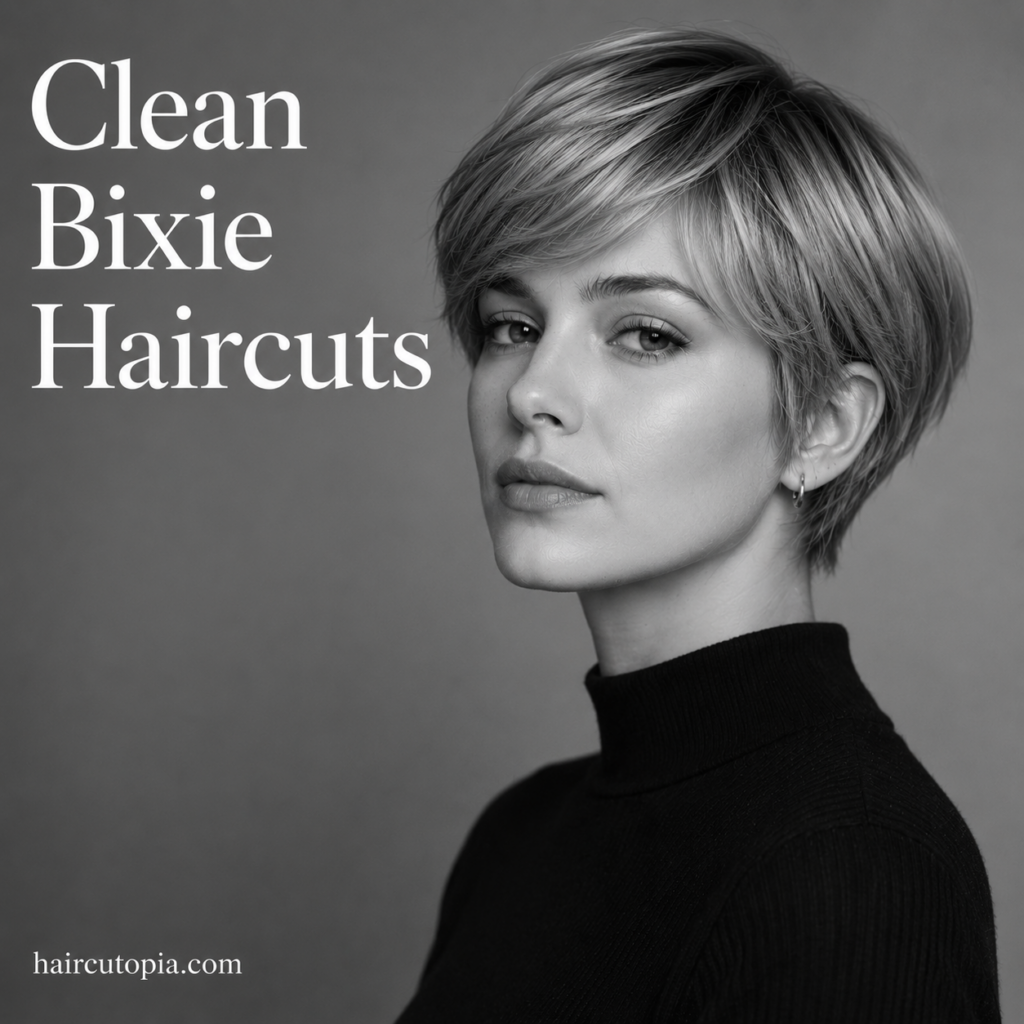 Woman with a clean bixie haircut featuring smooth layers, a neat tapered shape, side-swept fringe, and a polished modern finish.