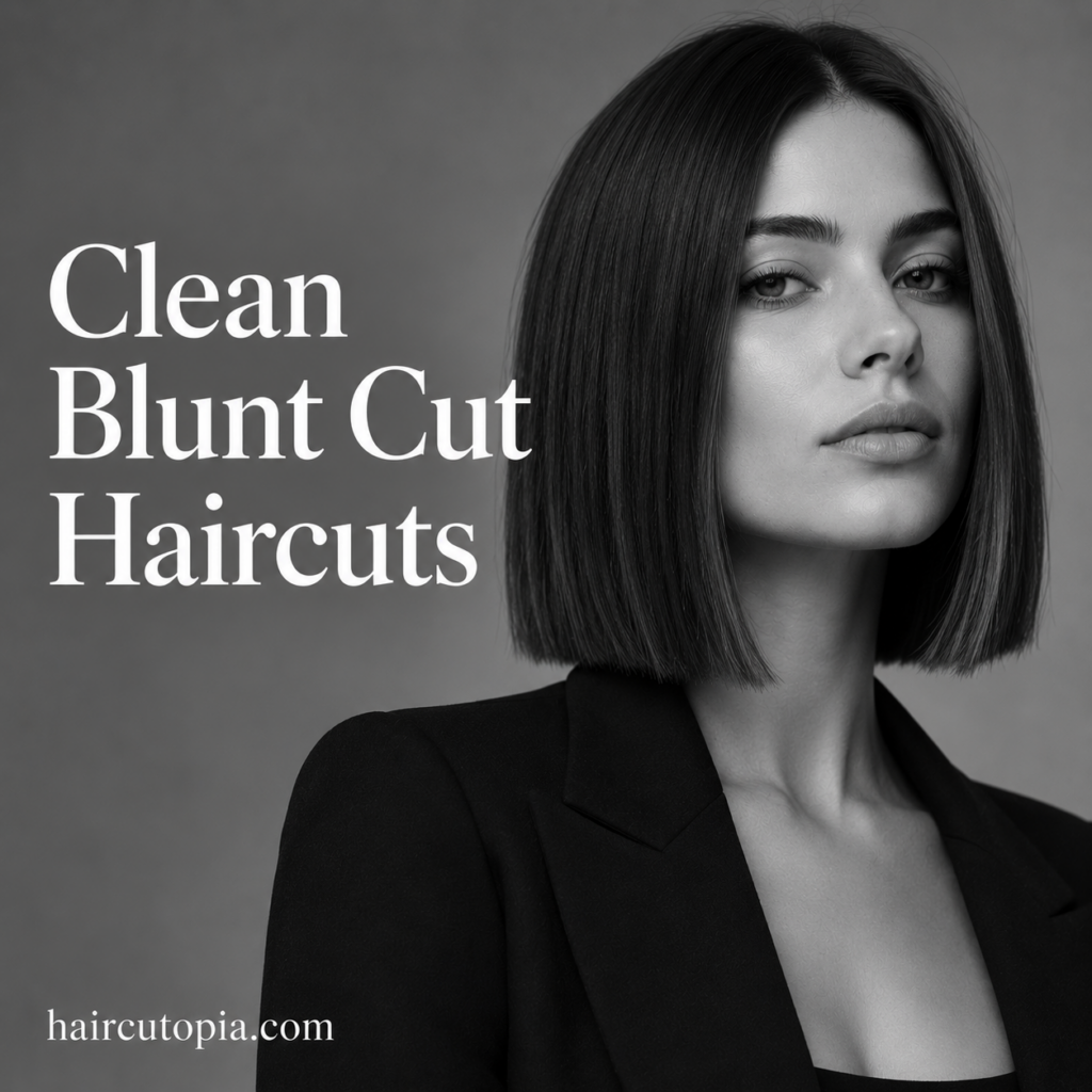 Woman with a sleek clean blunt bob haircut in a black-and-white editorial portrait.