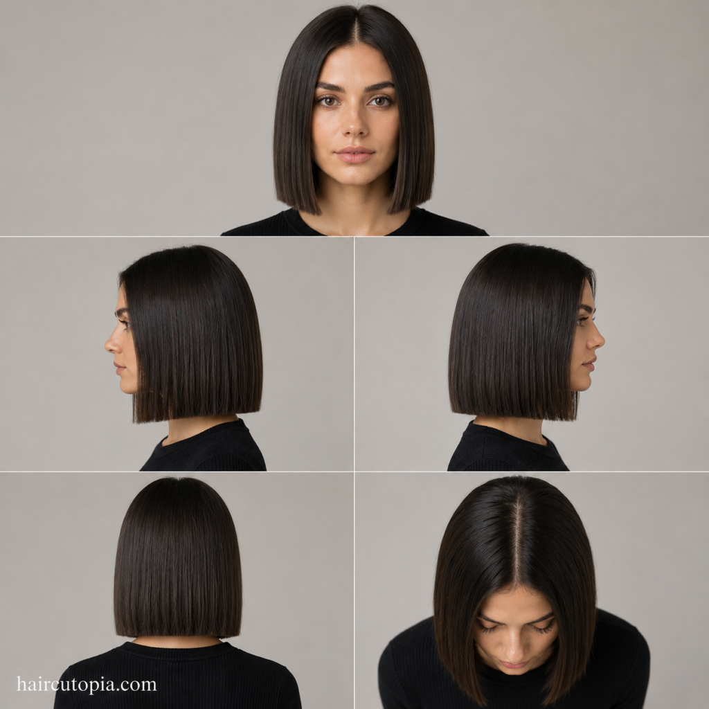 Five-panel collage showing a clean blunt cut haircut from the front, left side, right side, back, and top views.