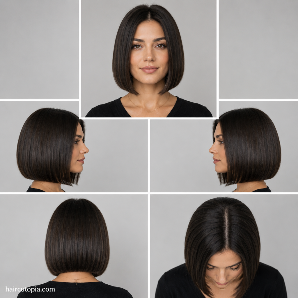 Five-view collage of a clean bob haircut showing the front, left side, right side, back, and top views of a sleek precision-cut bob hairstyle.
