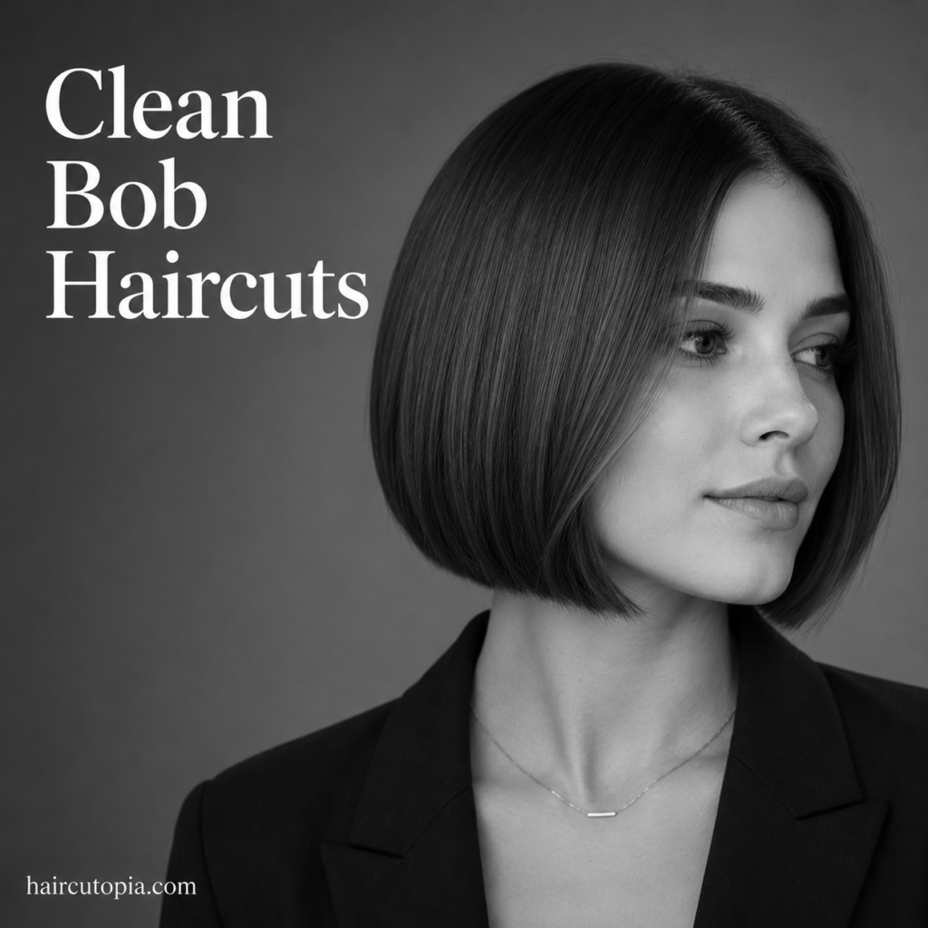 Woman with a sleek clean bob haircut in a black-and-white editorial portrait featuring a polished precision-cut bob hairstyle.